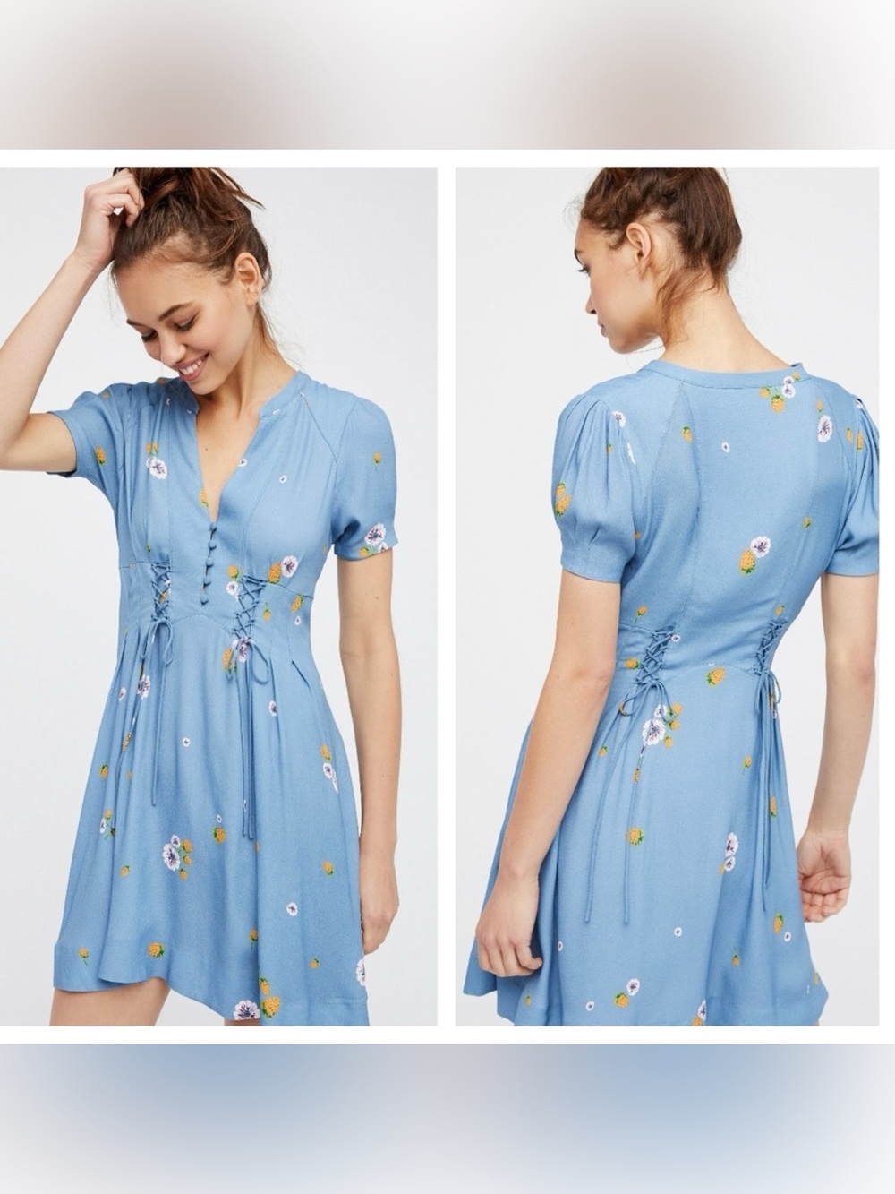 Free People Dream Girl Blue Floral Lace-up Mini Dress Size 2